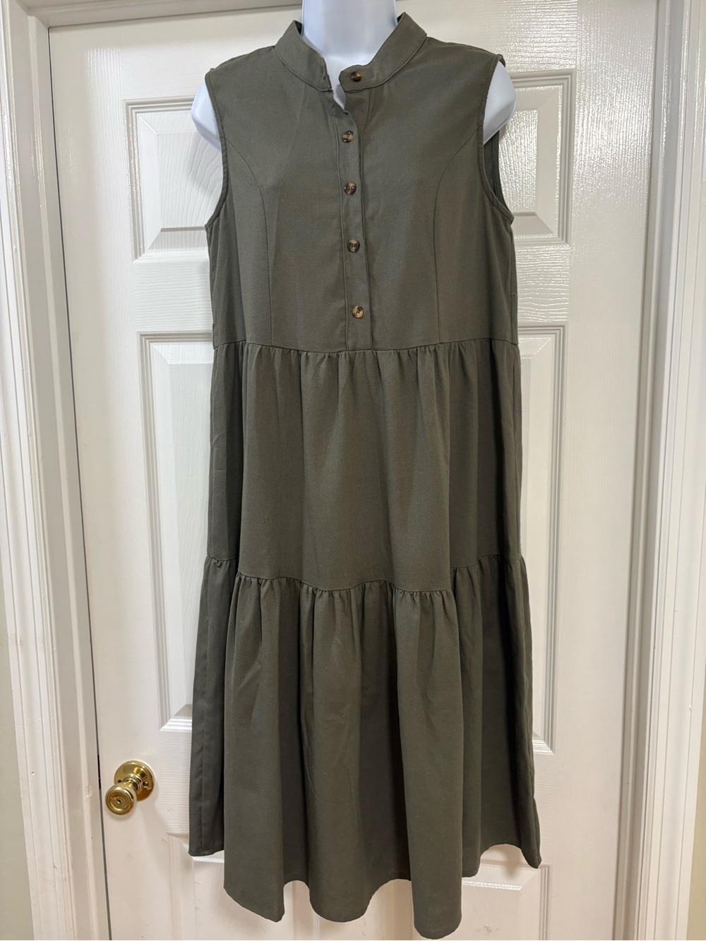 Prem olive green sleeveless tiered midi dress with a button-down front